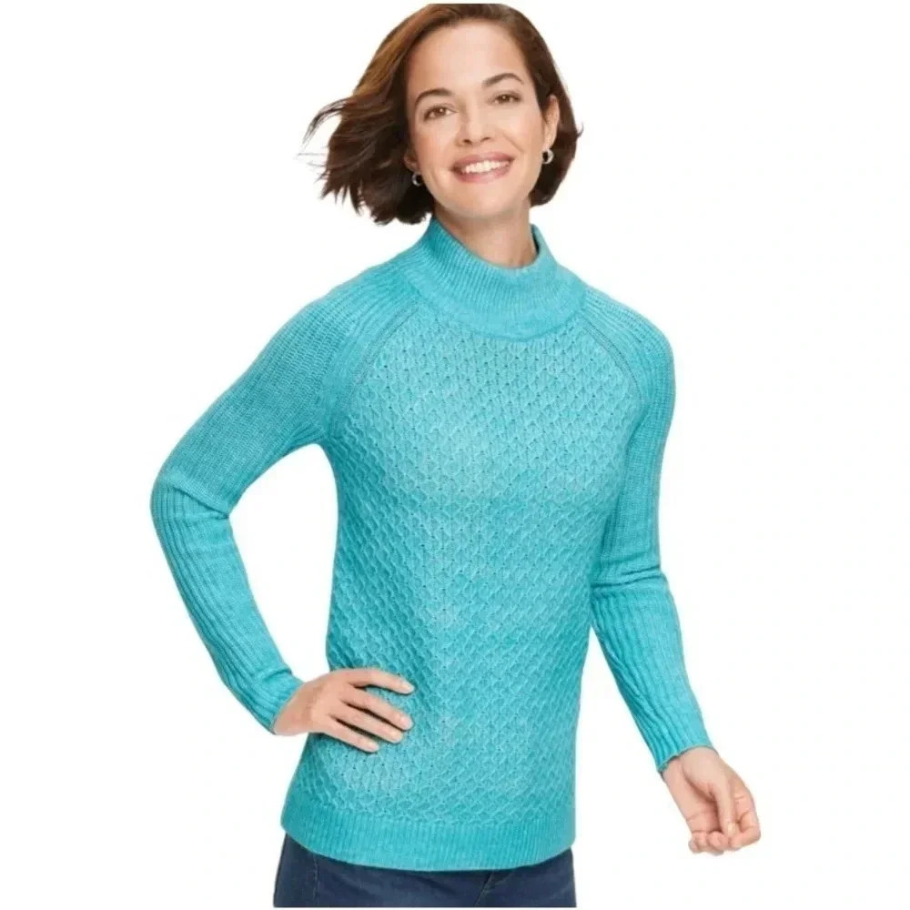TALBOTS | Women’s Textured Twist Stitch Dark Turquoise Mockneck Sweater Size 1X